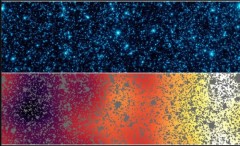 שתי תמונות אלה מראות את אותה פיסת שמים בקבוצת Boötes, המכונה "רצועת הצמיחה המהירה. האיזור מכסה מעלה אחת על 0.12 מעלות. צילום: NASA/JPL-Caltech/GSFC