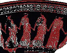 רקדניות. ציור על כד שמקורו ביוון העתיקה