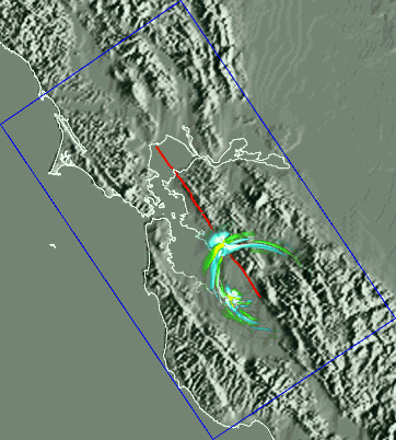 צילום לוויין מהשנים 1992 ו-1997 בו נראית החלקה הדרגתית של 2-3 ס"מ לאורכו של "העתק הייוורט" (מסומן בקו אדום) שבקליפורניה, אשר מצביעה על רעידת אדמה איטית. תצלום: נאס"א