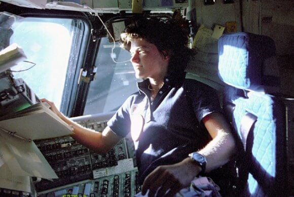 Dr. Sally Ride on her first space flight, 1983. Photo: NASA