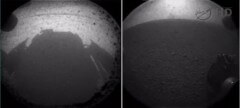 שתי התמונות הראשונות של מכתש גייל במאדים כפי שהוא נראה ממצלמות החללית קיוריוסיטי. התמונה משמאל מראה את צילו של רכב השטח על מאדים.