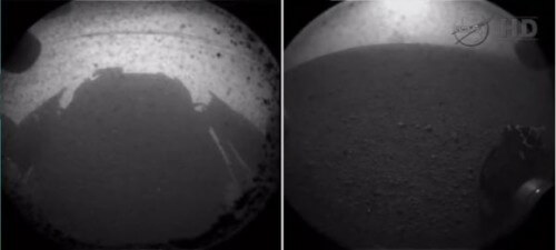 أول صورتين لفوهة غيل على المريخ كما تظهر من كاميرات المركبة الفضائية كيوريوسيتي. تُظهر الصورة الموجودة على اليسار ظل السيارة الرياضية متعددة الاستخدامات على سطح المريخ.