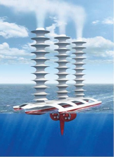 הדמיית אמן של ספינה לא מאוישת המונעת באנרגית הרוח ונשלטת מרחוק שתוכל לשמש להבהרת עננים. צילום: ג'ון מקניל 