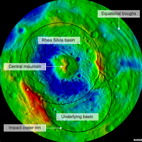 מפת קווי גובה של הקוטב הדרומי של האסטרואיד וסטה המראה את מיקומי שני מכתשי פגיעה. הגדול, המוכר בשם ריאה סילביה קוטרו 475 קילומטרים. צילום: החללית Dawn של נאס"א