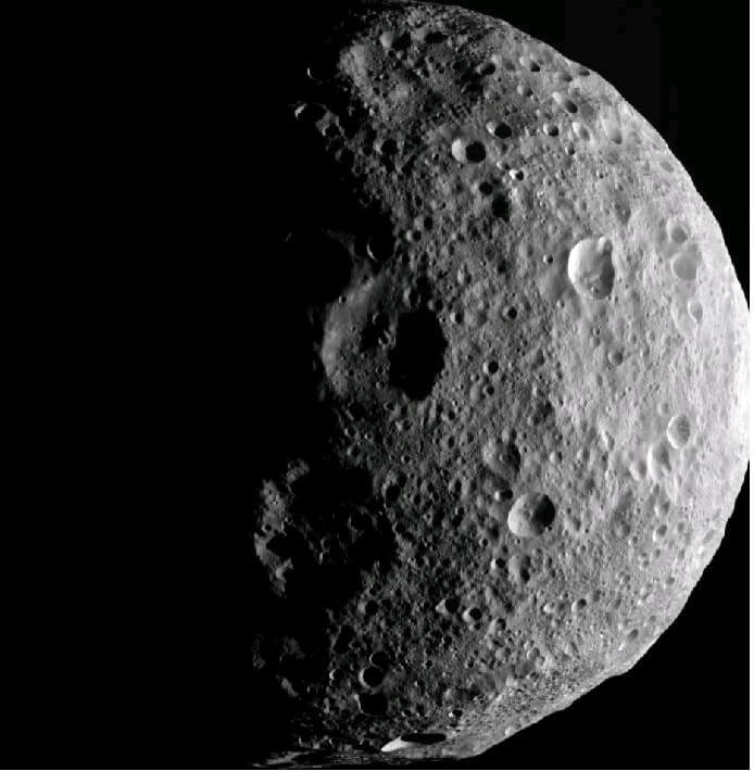The north pole region of the asteroid Vesta as photographed by the Dawn spacecraft before its departure, September 2012