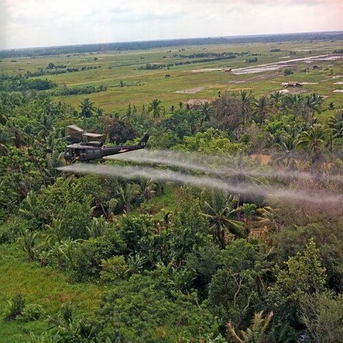 A UH-1D helicopter sprays a defoliant containing the poison Agent Orange on farmland at the mouth of the Mekong during the Vietnam War. From Wikipedia