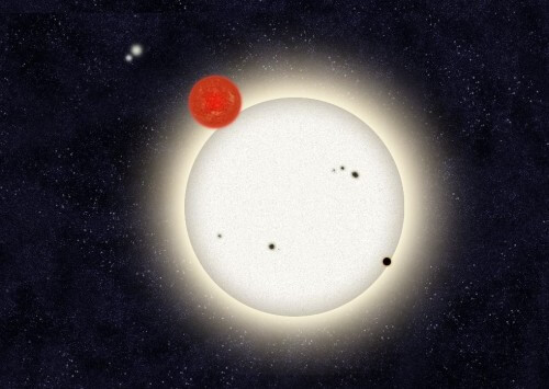 Family Photo of the PH1 Planetary System: The planet you discovered is depicted in this artist's drawing as it passes in front of the larger of the two suns. In the distance, beyond the planet's orbit lies a second pair of stars gravitationally bound to the planetary system. Image: Haven Giguere/Yale.