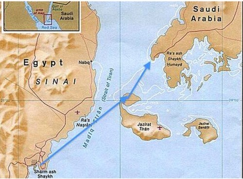 المسار المخطط للجسر من سيناء إلى المملكة العربية السعودية. الصورة: موقع النبي الأخضر