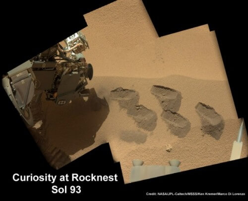 في الصورة: سلسلة من أعمال التنقيب في منطقة صغيرة على سطح المريخ أُطلق عليها اسم "Rocknest" (Rocknest). تم إجراء عمليات التنقيب باستخدام جهاز الحفر الخاص بشركة Curiosity والذي قام بجمع عينات للاختبار داخل السيارة في منشأة SAM، والتي تم تصميمها للبحث عن توقيعات الجزيئات العضوية - اللبنات الأساسية للحياة. تم تجميع الفسيفساء الملونة من صور عالية الدقة تم التقاطها في اليومين 74 و93 من المهمة. الصورة: ناسا / مختبر الدفع النفاث- معهد كاليفورنيا للتكنولوجيا / MSSS / كين كريمر / ماركو دي لورينزو