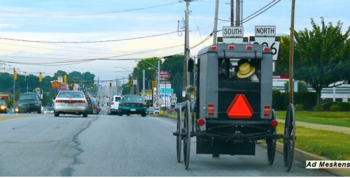 The Amish wagon - a modest warning triangle from the back under the pressure of the authorities