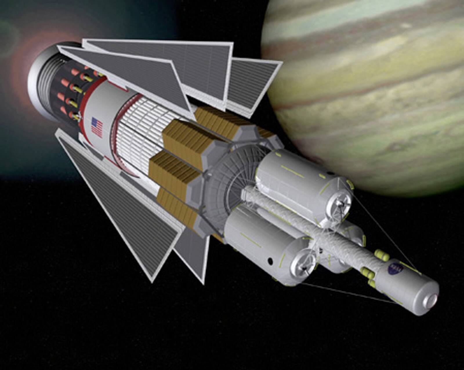Computer rendering of a nuclear pulse rocket approaching Jupiter.