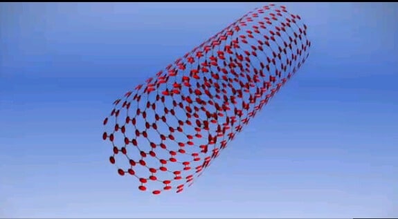 يتم لف صفائح من ذرات الكربون يبلغ سمكها ذرة واحدة لتكوين أنبوب نانوي من الكربون - أصغر بعشرة آلاف مرة من سمك شعرة الإنسان - والذي يمكن استخدامه لصنع الترانزستورات داخل الرقائق. [مجاملة: أبحاث آي بي إم]