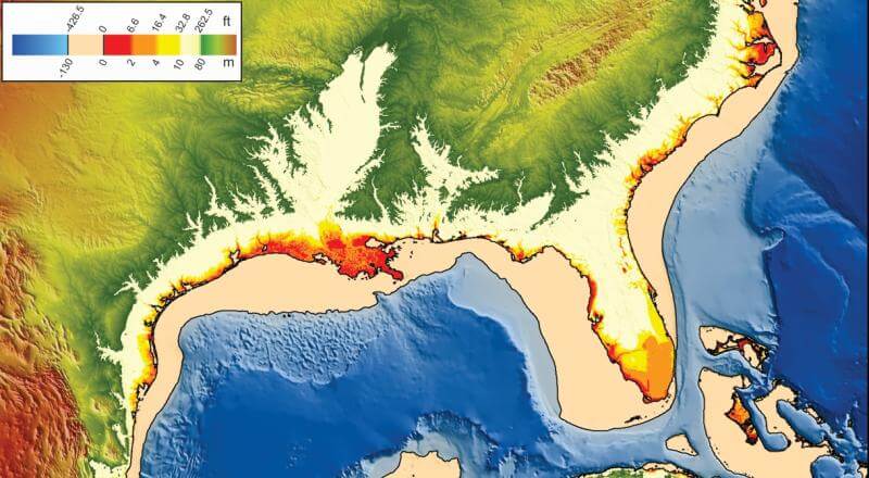 שינויי גובה פני הים בעבר ואולי גם בעתיד. מפה שהכין עמנואל סודינג, אוניברסיטת כריסטיאן אלברכט, באמצעות נתונים של NOAA