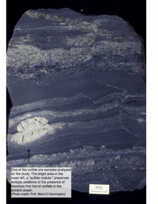 עפרת מתכת בת 2.7 מיליארד שנה שנחשפה בקנדה. מאפשרת להעריך את הרכב האטמוספירה באותה התקופה. צילום: אוניברסיטת מקגיל