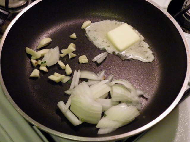 Onion and garlic fried in butter. From Wikipedia