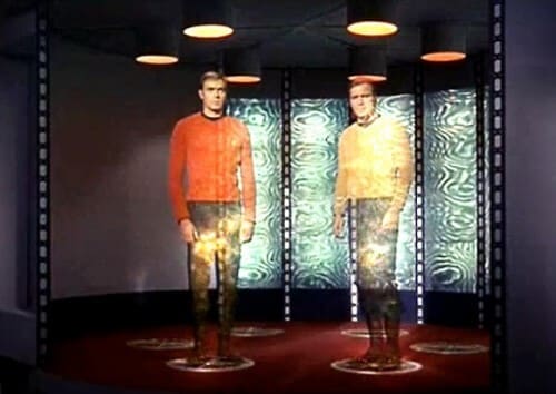 The scene of transferring humans using the tow beam from the spaceship Enterprise to the land of the nearby planet from the series Star Trek.