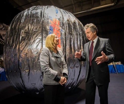 NASA Deputy Administrator Laurie Graver and Bigelow Aerospace President and CEO Robert Bigelow stand next to the Inflatable Space Station Model (BEAM) during a news conference on January 16, 2013. BEAM is set to be launched to the station in 2015 for a two-year technology demonstration experiment. NASA photo "A/Bill Ingles