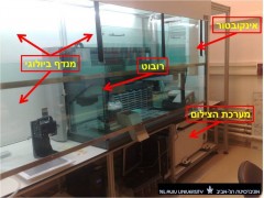 תמונה 1: מערכת הצילום, האינקובטור האוטומטי והרובוט בתוך המנדף. המקור לתמונה: דר' סולמסקי, אוניברסיטת תל אביב.