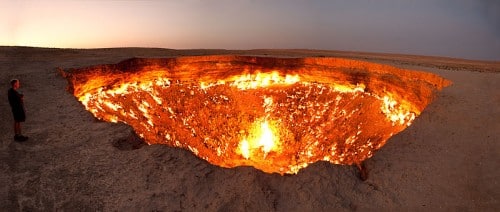 Panoramic photo of the Gate to Hell, Turkmenistan. Photo: from Wikipedia