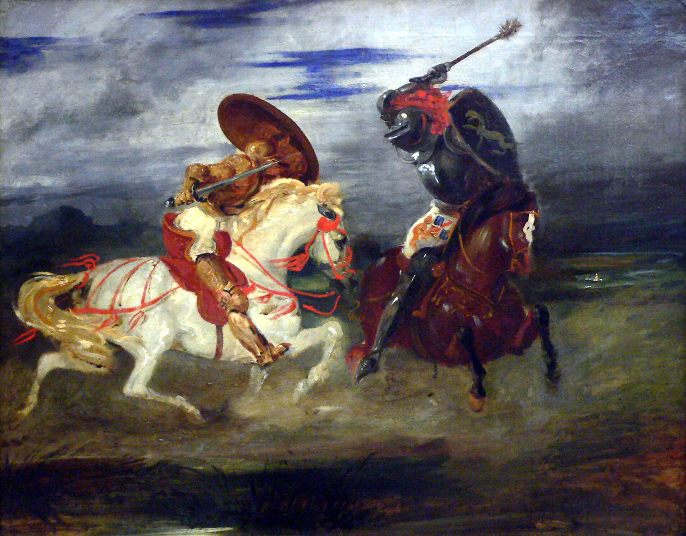 Duel of knights, Combat de chevaliers dans la campagne, painting from 1825 by Agen Delacroix.