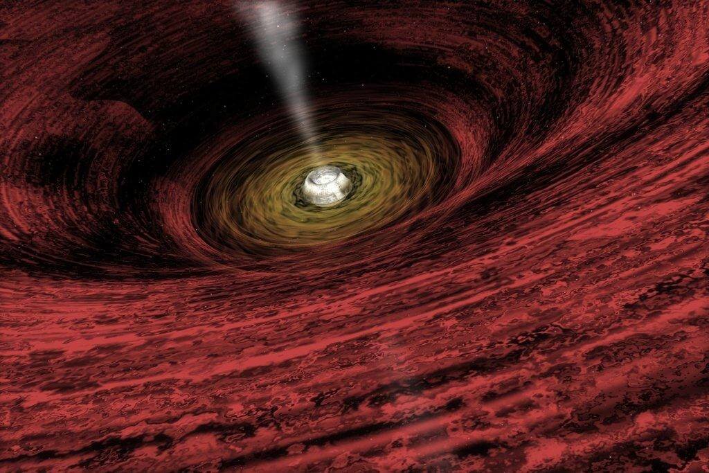 : איור של חור שחור ענק במרכזה של גלקסיה רחוקה המספח אליו חומר מסביבתו הקרובה (באדיבות נאס"א).