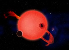התרשמות אמן של כוכב לכת סלעי המקיף ענק אדום. איורף דייויד אגילר, מרכז הארווארד-סמיתסוניאן לאסטרופיסיקה