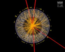 גילוי אפשרי בעזרת גלאי ה- ATLAS מראה את עקבותיהם של ארבעה מיואונים (באדום) שנוצרו בעקבות הדעיכה של חלקיק היגס קצר-החיים [http://cds.cern.ch/record/1459496]