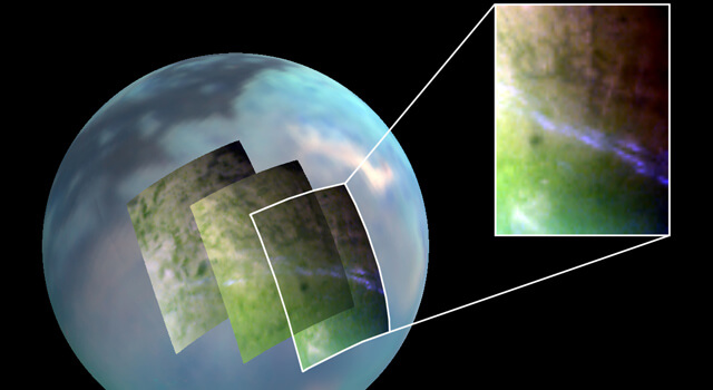 الصيف في نصف الكرة الشمالي لتيتان، تتناثر السحب على ارتفاعات عالية. الصورة: المركبة الفضائية كاسيني التابعة لناسا