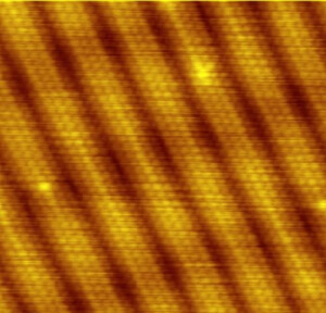 תמונה 3: משטח זהב כפי שנסרק על ידי STM. העיגולים התמונה הם אטומים! המקור לתמונה: ויקיפדיה.