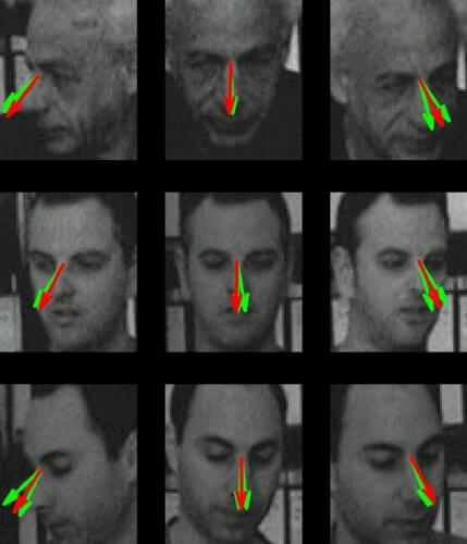 التنبؤ باتجاه النظر: نتائج الخوارزمية (باللون الأحمر)، مقارنة بنتائج موضوعين (باللون الأخضر). صور الوجه (من الأعلى إلى الأسفل) هي للبروفيسور شمعون أولمان، دانيال هراري، ونمرود دورفمان