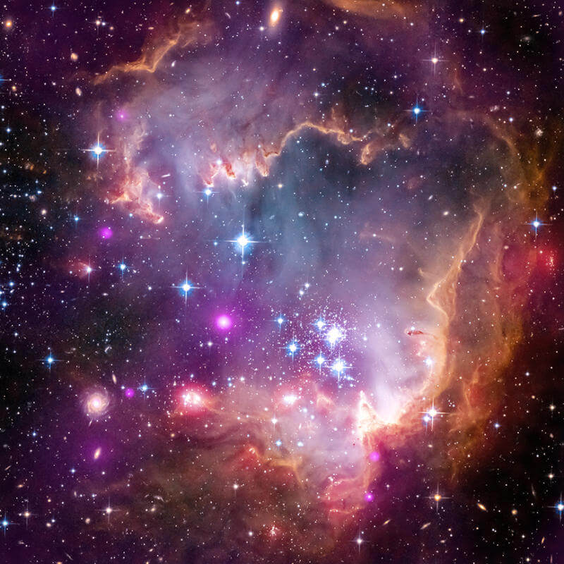 "The Wing of the Small Magellanic Cloud". In this composite image of the wing, Chandra data are shown in purple, optical data from the Hubble Space Telescope are colored red, green and blue. Infrared radiation data from the Spitzer Space Telescope are also represented in red.