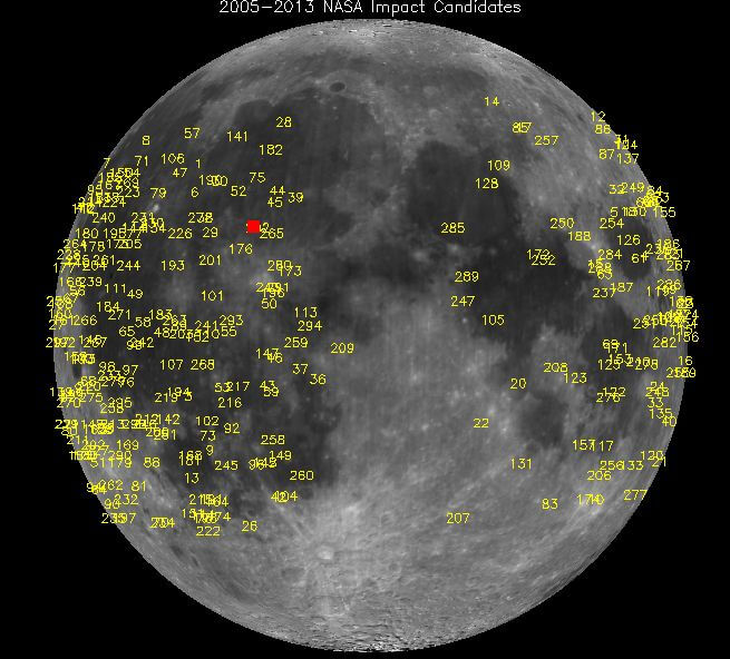 פגיעות מטאוריטים על הירח - 2005-2013. איור:  נאס"א