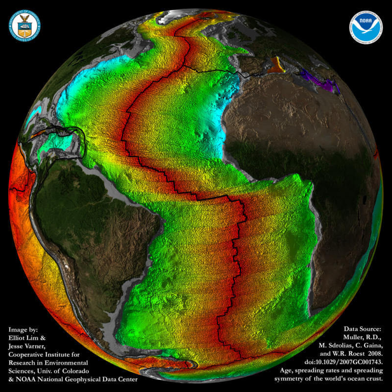 Map of the Earth's crust and plates in the Atlantic Ocean region Figure: Elliott Lim and Jesse Werner, CIRES & NOAA / NGDC
