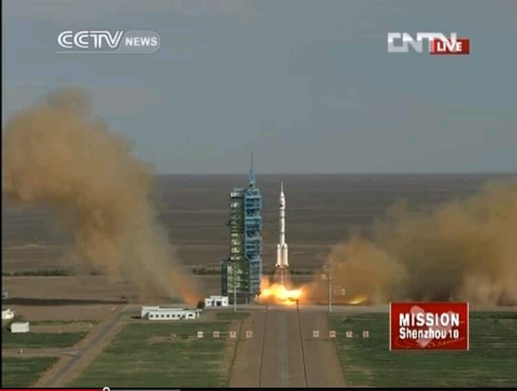 The launch of the Shenzhou 10 spacecraft, on Binui 11, 2013. From the Chinese state television broadcasts