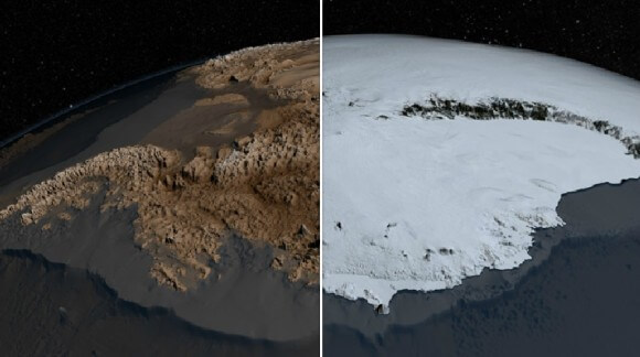 On the right - Antarctica as it actually looks - covered in ice. On the left - a map drawn by the British Antarctic Survey with the help of NASA data of the route of the terrain under the ice. Photo: British Antarctic Survey