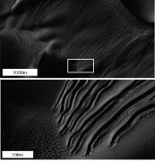 תמונה זו שצולמה באמצעות המצלמה ברזולוציה גבוהה (HIRISE) בחללית MRO המקיפה את מאדים, מראה דוגמה של "ערוצים ישרים" אותם ניתן להסביר באמצעות גושים של קרח יבש הגושים במורד דיונת חול. צילום NASA/JPL-CALTECH/UNIV. OF ARIZONA