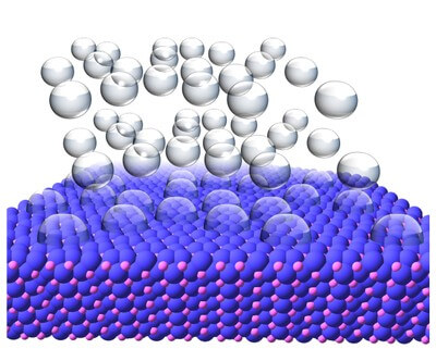 صورة توضح خروج غاز الهيدروجين من سطح بلورة فوسفيد النيكل. [بإذن من إريك بوبزون، جامعة ولاية بنسلفانيا]