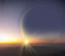 איור אמן של נוף שקיעה מנקודת המבט של ירח דמיוני דמוי כדור הארץ המקיף את כוכב הלכת הענק, PH2 b. צילום: H. Giguere, M. Giguere/Yale University