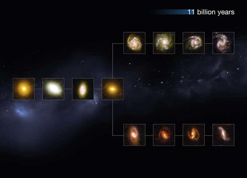 A collection of photographs of ancient galaxies as taken by the Hubble Space Telescope, the galaxies are seen here as they were 11 billion years ago.