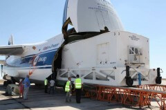 The Amos 4 satellite arrives at the Baikonur Space Center for its launch on August 31, 2013. Photo: Russian space agency Roscosmos