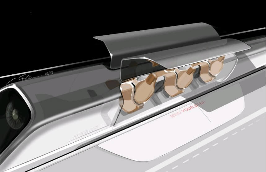 A hyperloop bullet train car stops at the station. Photo: Elon Musk/SpaceX/Tesla Motors