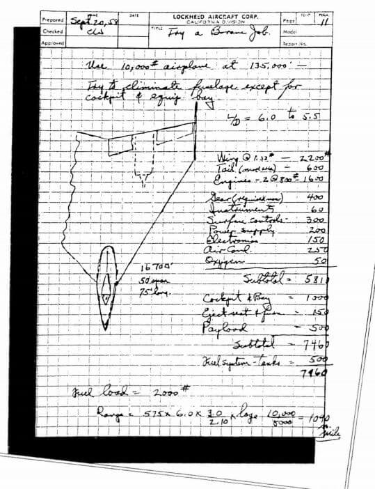 מסמך בכתב יד המתאר את תכנון מטוס ה-U-2 שנכלל במידע שנמסר לפרסום בידי ה-CIA אודות טיסות הניסוי באיזור 51.