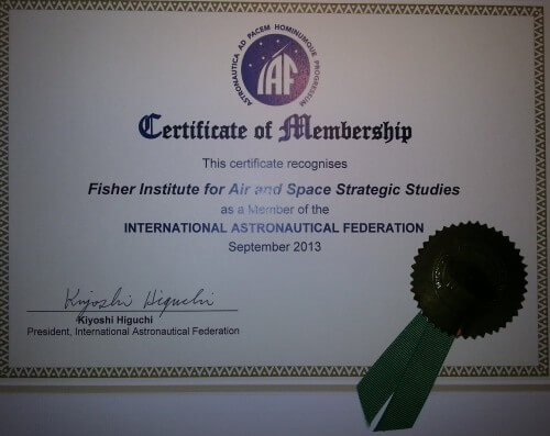 A certificate attesting to the Fisher Institute joining the World Astronautics Organization. Photo: Tal Inbar