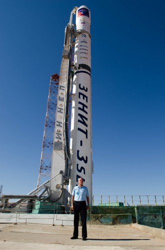 IAI CEO Yossi Weiss next to the launch pad of the Amos 4 satellite, this week (before the launch). PR photo: IAI.