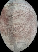 תמונת תצרף של פני השטח של הירח "אירופה". הסדקים הגדולים החוצים את פני השטח הקרחיים לאורכם ולרוחבם על הירח של צדק "אירופה" הם העדות ללחצים שהירח הזה חווה. זאת על פי ניתוח של תמונת התצרף שהורכבה מתמונות שצילמה החללית גלילאו, שחלפה ליד ירח זה שש פעמים בין השנים 1996-1999. תצלום: NASA/JPL-Caltech/University of Arizona