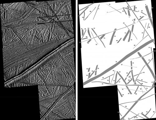 Side by side a picture and an abstract diagram of the cracks on the surface of "Europe". The close-up of bright areas near the equator of "Europe" reveal layer upon layer of cracks (left). By interpreting the direction of the long, straight cracks called "lineaments", NASA scientists determined that "Europa" most likely rotated on a tilted axis at some time. Image Credit: NASA/JPL-Caltech/University of Arizona/Goddard