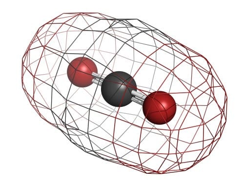 The carbon dioxide molecule. The different atoms are colored in their code colors - carbon in gray and oxygen in red. Illustration: shutterstock