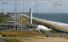 An Anthras rocket carrying the Cygnus supply spacecraft about 40 seconds before launch from Wallops Island in Virginia 18/9/13. Screenshot from NASA TV