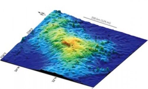 הדמיה תלת ממדית של הר הגעש התת ימי טאמו מאסיף, מזרחית מחופי יפן. איור: ויל סייגר, אוניברסיטת יוסטון