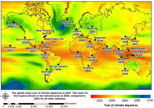 When will unbearable heat be felt in different cities on earth. From a study published in Nature, 10/10/13